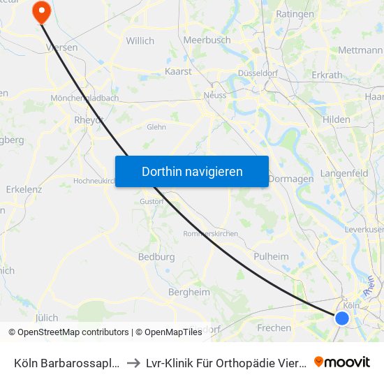 Köln Barbarossaplatz to Lvr-Klinik Für Orthopädie Viersen map