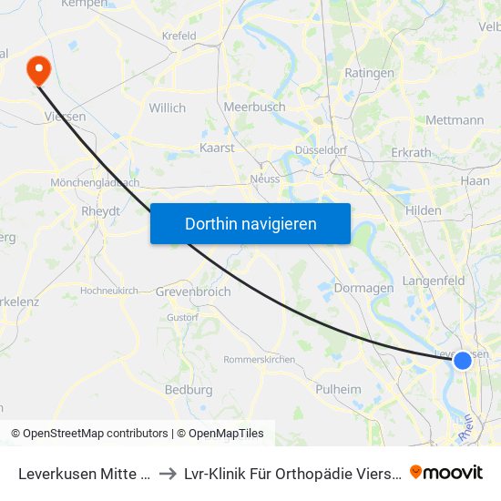 Leverkusen Mitte Bf to Lvr-Klinik Für Orthopädie Viersen map