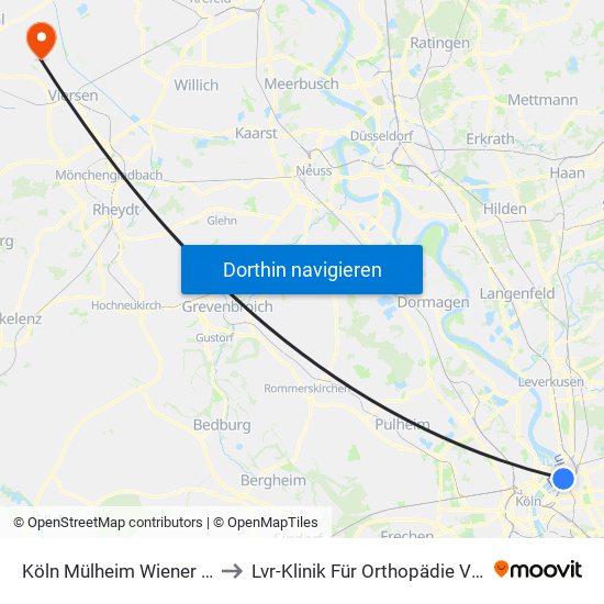 Köln Mülheim Wiener Platz to Lvr-Klinik Für Orthopädie Viersen map