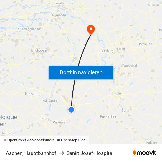 Aachen, Hauptbahnhof to Sankt Josef-Hospital map