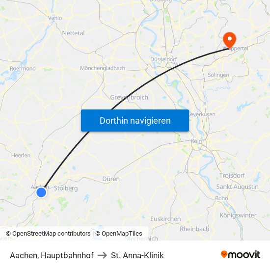 Aachen, Hauptbahnhof to St. Anna-Klinik map