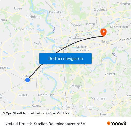 Krefeld Hbf to Stadion Bäuminghausstraße map