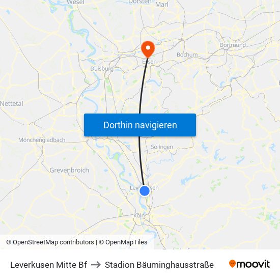 Leverkusen Mitte Bf to Stadion Bäuminghausstraße map