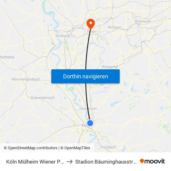 Köln Mülheim Wiener Platz to Stadion Bäuminghausstraße map