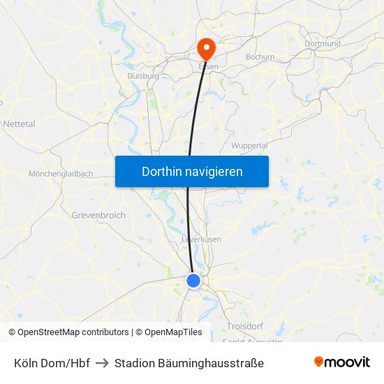 Köln Dom/Hbf to Stadion Bäuminghausstraße map