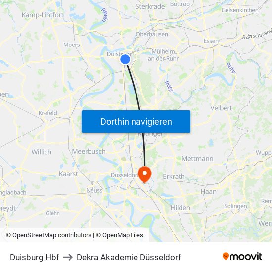 Duisburg Hbf to Dekra Akademie Düsseldorf map