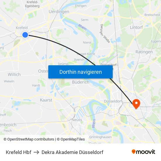 Krefeld Hbf to Dekra Akademie Düsseldorf map