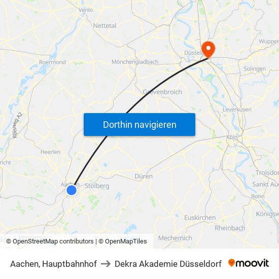 Aachen, Hauptbahnhof to Dekra Akademie Düsseldorf map