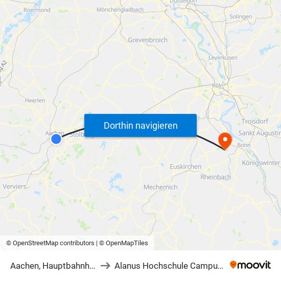 Aachen, Hauptbahnhof to Alanus Hochschule Campus I map