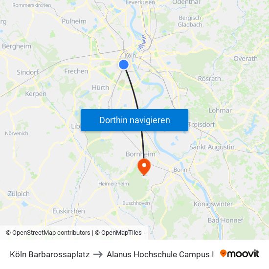 Köln Barbarossaplatz to Alanus Hochschule Campus I map