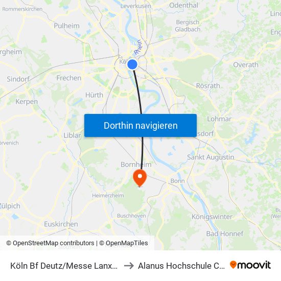 Köln Bf Deutz/Messe Lanxess Arena to Alanus Hochschule Campus I map