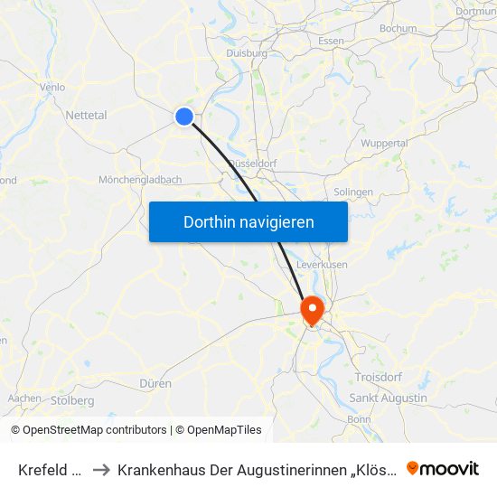Krefeld Hbf to Krankenhaus Der Augustinerinnen „Klösterchen“ map