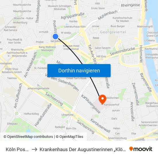 Köln Poststr. to Krankenhaus Der Augustinerinnen „Klösterchen“ map