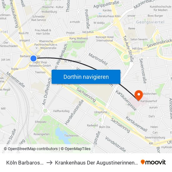 Köln Barbarossaplatz to Krankenhaus Der Augustinerinnen „Klösterchen“ map