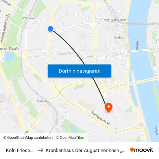 Köln Friesenplatz to Krankenhaus Der Augustinerinnen „Klösterchen“ map