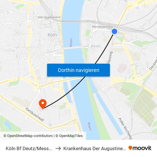 Köln Bf Deutz/Messe Lanxess Arena to Krankenhaus Der Augustinerinnen „Klösterchen“ map