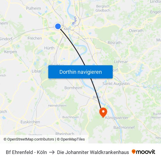 Bf Ehrenfeld - Köln to Die Johanniter Waldkrankenhaus map