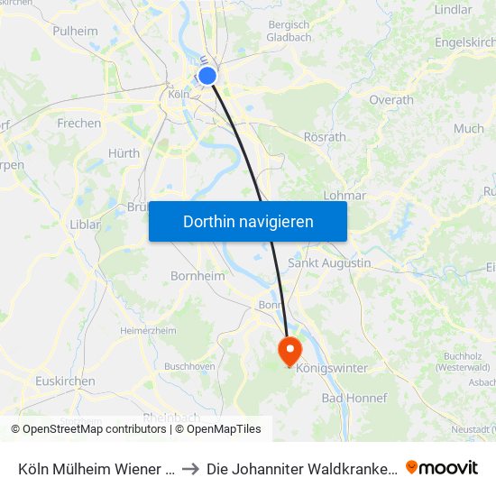 Köln Mülheim Wiener Platz to Die Johanniter Waldkrankenhaus map