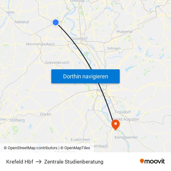 Krefeld Hbf to Zentrale Studienberatung map