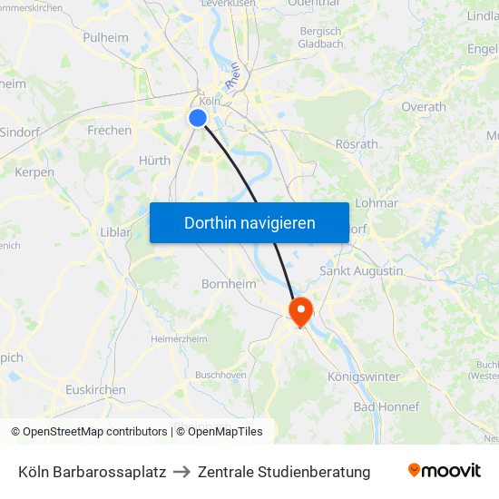 Köln Barbarossaplatz to Zentrale Studienberatung map