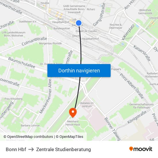 Bonn Hbf to Zentrale Studienberatung map