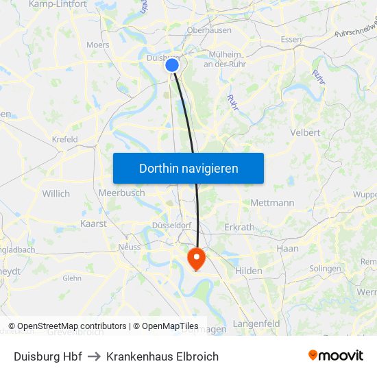 Duisburg Hbf to Krankenhaus Elbroich map