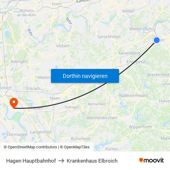 Hagen Hauptbahnhof to Krankenhaus Elbroich map