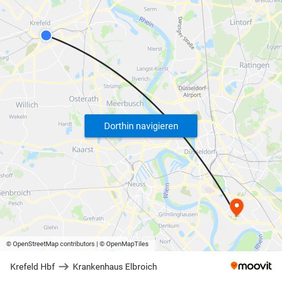 Krefeld Hbf to Krankenhaus Elbroich map