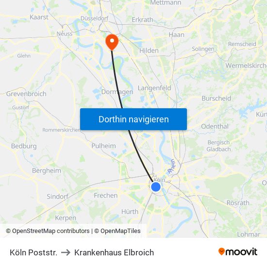 Köln Poststr. to Krankenhaus Elbroich map
