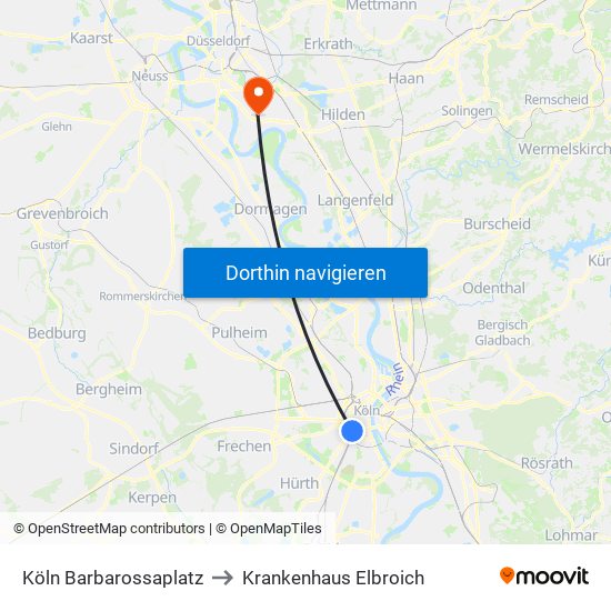 Köln Barbarossaplatz to Krankenhaus Elbroich map