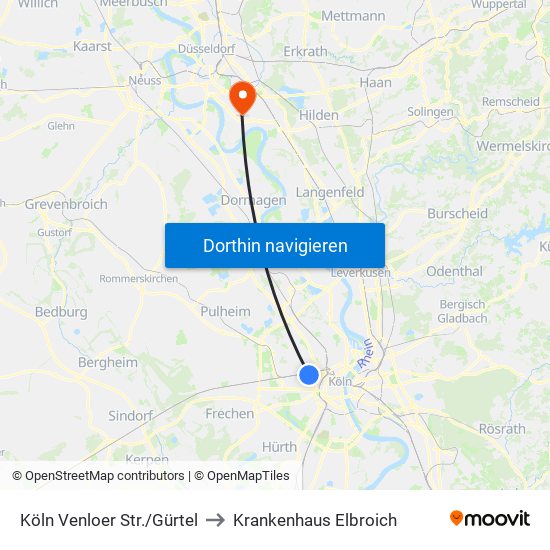 Köln Venloer Str./Gürtel to Krankenhaus Elbroich map