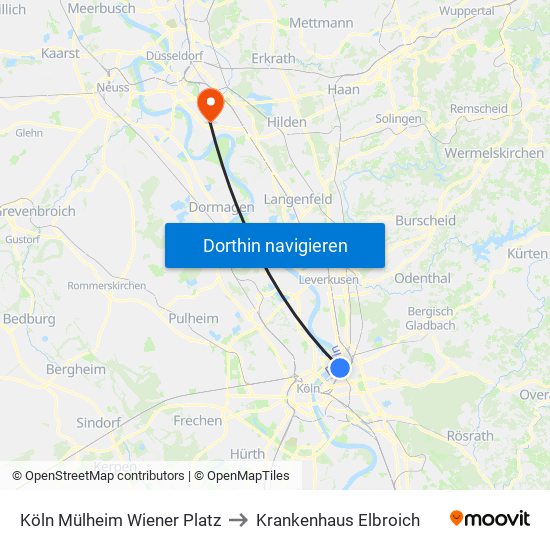 Köln Mülheim Wiener Platz to Krankenhaus Elbroich map