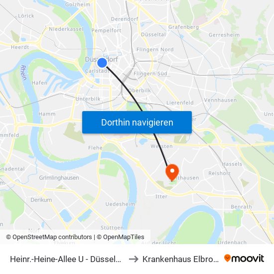 Heinr.-Heine-Allee U - Düsseldorf to Krankenhaus Elbroich map