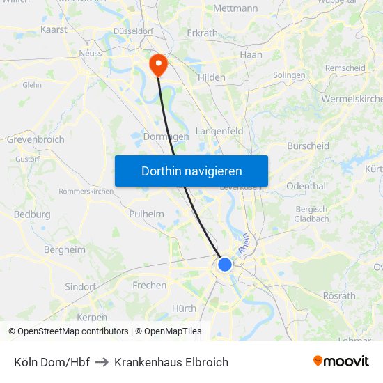Köln Dom/Hbf to Krankenhaus Elbroich map