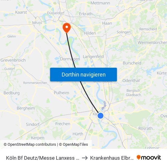 Köln Bf Deutz/Messe Lanxess Arena to Krankenhaus Elbroich map