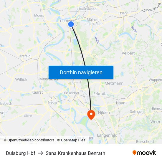 Duisburg Hbf to Sana Krankenhaus Benrath map