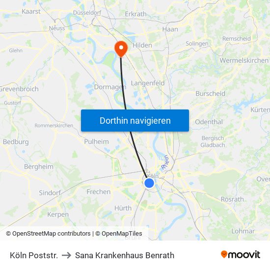 Köln Poststr. to Sana Krankenhaus Benrath map