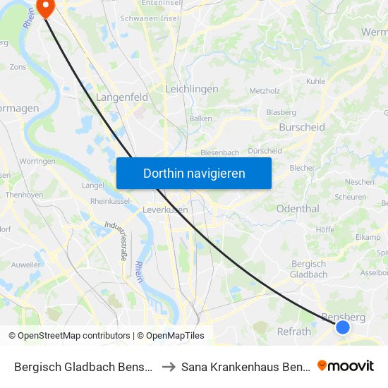 Bergisch Gladbach Bensberg to Sana Krankenhaus Benrath map