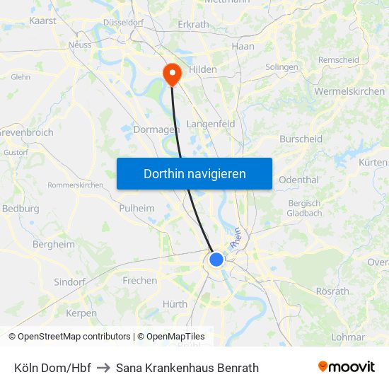 Köln Dom/Hbf to Sana Krankenhaus Benrath map