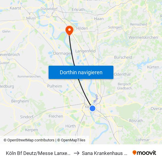 Köln Bf Deutz/Messe Lanxess Arena to Sana Krankenhaus Benrath map