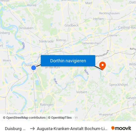 Duisburg Hbf to Augusta-Kranken-Anstalt Bochum-Linden map