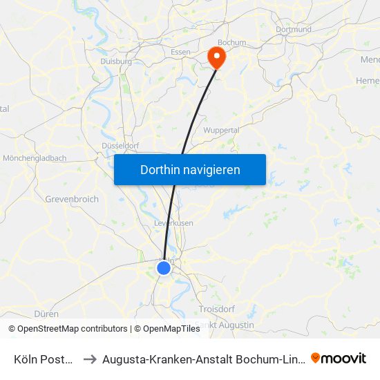 Köln Poststr. to Augusta-Kranken-Anstalt Bochum-Linden map