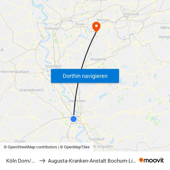 Köln Dom/Hbf to Augusta-Kranken-Anstalt Bochum-Linden map