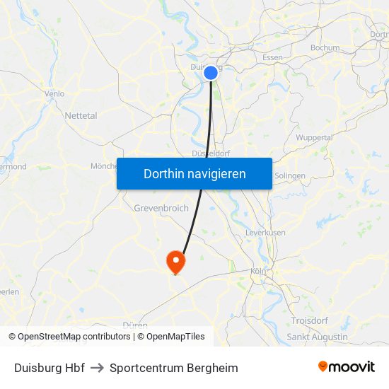 Duisburg Hbf to Sportcentrum Bergheim map