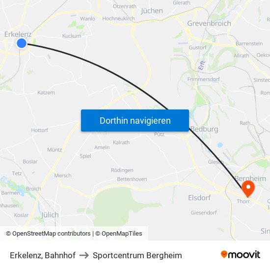 Erkelenz, Bahnhof to Sportcentrum Bergheim map