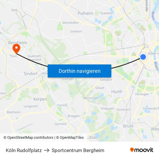 Köln Rudolfplatz to Sportcentrum Bergheim map