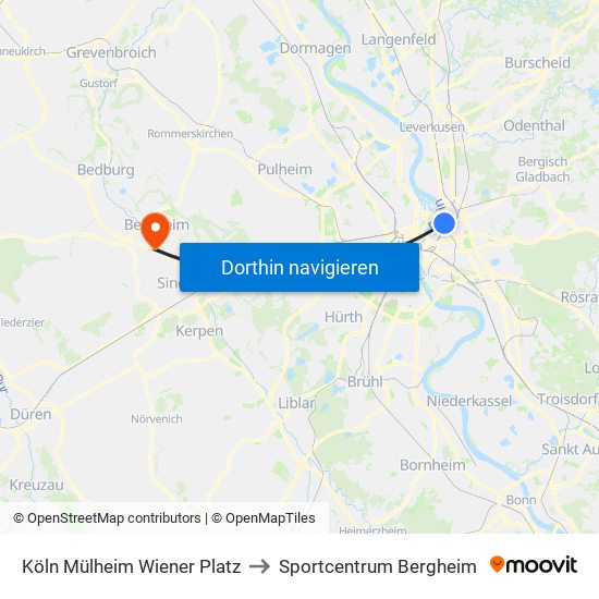 Köln Mülheim Wiener Platz to Sportcentrum Bergheim map
