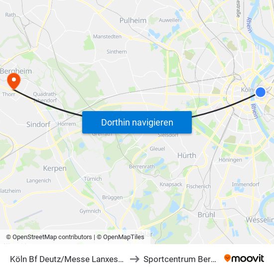 Köln Bf Deutz/Messe Lanxess Arena to Sportcentrum Bergheim map
