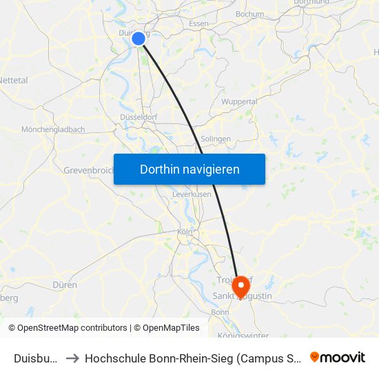 Duisburg Hbf to Hochschule Bonn-Rhein-Sieg (Campus Sankt Augustin) (H-Brs) map