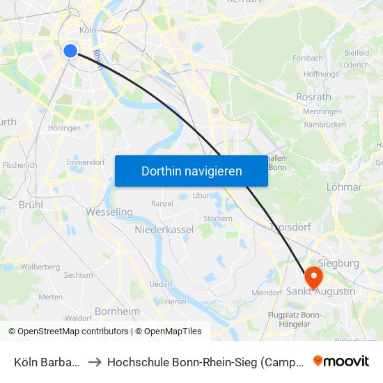 Köln Barbarossaplatz to Hochschule Bonn-Rhein-Sieg (Campus Sankt Augustin) (H-Brs) map